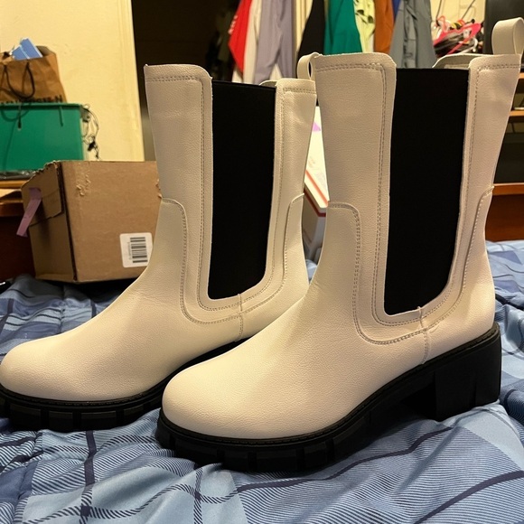 NEW Lug Sole Platform Boots Mid Calf Elastic Chunky Block Heel Chelsea Booties - Picture 7 of 8